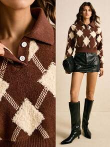 Poéselle Pulover damă maro în carouri, cu guler polo, ajustat în talie, pulover retro american, tricotat moale, călduros și confortabil, pulovere de iarnă pentru femei, pulover maro, simplu și elegant, potrivit pentru purtare zilnică, ieșiri în oraș, naveta, toamnă/iarnă - Maro - Vizualizare 2