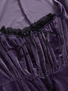 ROMWE Goth Spring/Summer Plus Size Vintage Romantic Dark Sweet Flare Sleeve Velvet Waist Dress, Birthday Dress - Purple - View 3