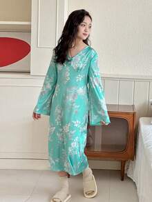 DAZY Tween Girls V-Neck Long Sleeve Nightgown Loungewear - Blue - View 1