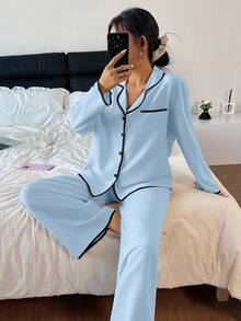 Women's Contrast Trim Lapel Loose Long Sleeve Pajama Set Pajamas Set Light Blue Pj Set Women Lounge Wear Sets Light Blue Pajama Set, Fall & Winter Clothes - Blue - View 6