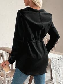 SHEIN 孕妇休闲基本款抽绳拉链连帽衫 - 黑色 - 查看 2
