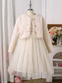 Sparklyn 女童薄纱荷叶边羊毛开衫背心和公主薄纱连衣裙套装，秋冬款 - 杏色 - 查看 2