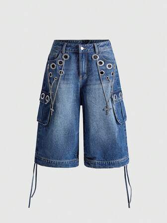 J-Fashion Jeans cargo alla caviglia da donna con decorazione a catena