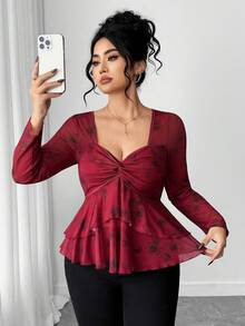 Elenzga Women's Elegant Long Sleeve Floral Ruffle Trim Blouse