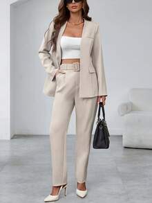 EMERY ROSE Damen Anzug-Set mit langärmeliger, offener Blazer Einfarbig und Falten-Taschen-Hose, elegantes Business-Outfit für Frühling Herbst, Beige - Aprikosenfarben - Übersicht 5