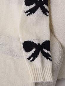 Teen Girls Autumn Black And White Y2k Sweet Back-To-School Jacquard Bow Knitted Dress, Round Neck Long Sleeve Elegant Casual Mini Knit Dress - White - View 7