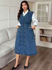 Dazy Plus Plus Size Women's Sleeveless Long Denim Dress, Blue Washed Double-Breasted Casual Versatile, Spring/Autumn - Medium Wash - View 3