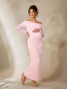 Cheriluna Maternity Maternity Photoshoot Dress, Long Sleeve Off-Shoulder Cross Front Design, Pearl Decor, Fitted Double-Layer Long Dress - Pink - View 3