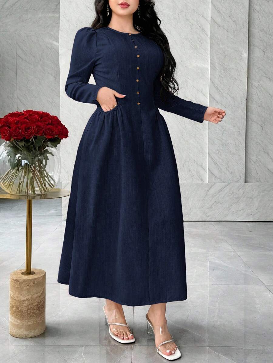 Feyla 优雅法式束腰口袋简约时尚修身连衣裙 - 藏蓝色 - 查看 1