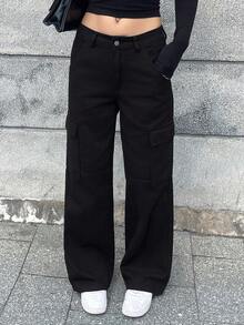 DAZY Pantaloni cargo vintage mimetici americani, vestibilità dritta e ampia, pantaloni casual lavati con tasche multiple per donne jeans - nero - Visualizzare 4