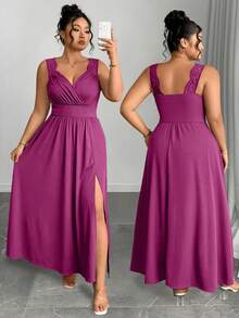 Elenzga Plus Size V-Neck Contrast Lace Spaghetti Strap Flared Hem Bodycon Dress With Slit - Purple - View 1