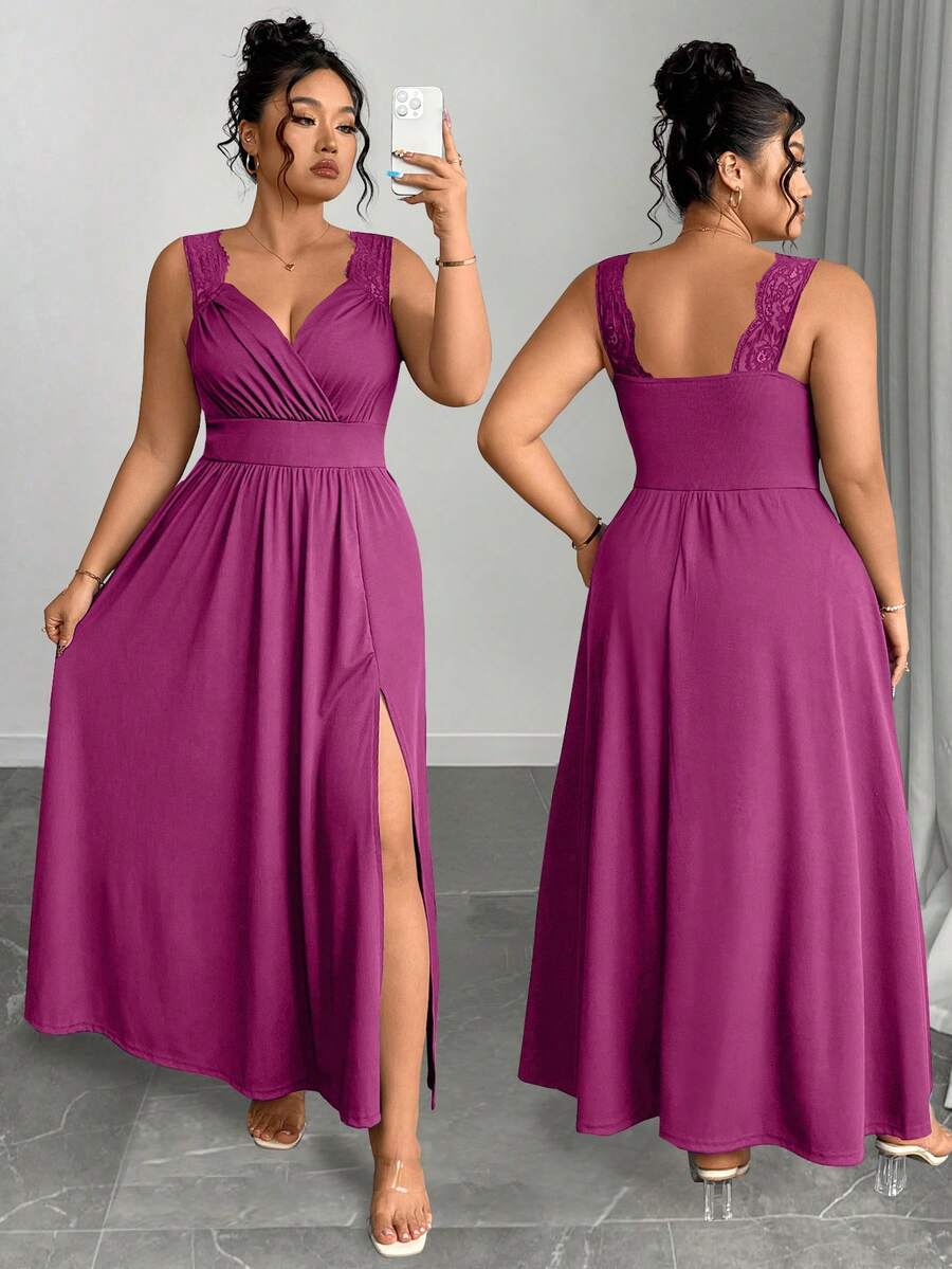Elenzga Plus Size V-Neck Contrast Lace Spaghetti Strap Flared Hem Bodycon Dress With Slit - Purple - View 1