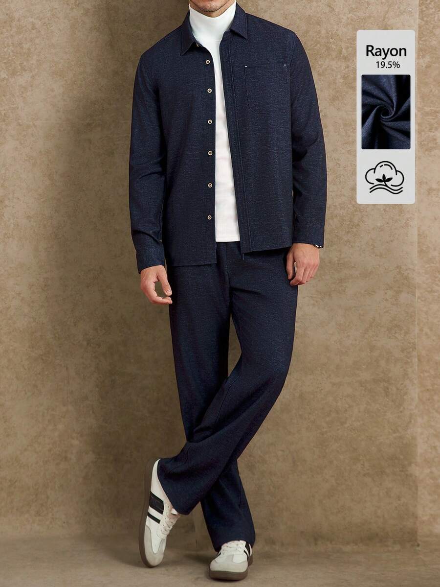 Core Aspect Men's Solid Color Long Sleeve Single-Breasted Shirt And Pants Casual Suit, Autumn - Navy Blue - View 1