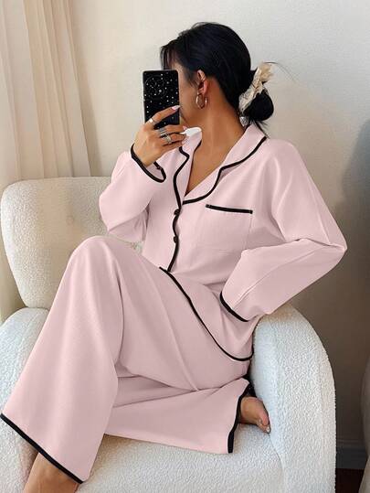 Women's Contrast Trim Lapel Loose Long Sleeve Pajama Set Light Pink Pajama Set Two Pieces Sleepwear Set Women Lounge Wear Sets, Fall & Winter Clothes