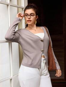 SHEIN Frenchy Plus Size Women Metal Buckle Knit Cardigan, Fashion CasualPlus Sized Sweater/Winter Fall/Winter - Mauve Purple - View 5