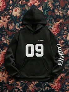 SWAVVY Men's Fashionable Letter Print Hoodie, Autumn/Winter - Black - View 1