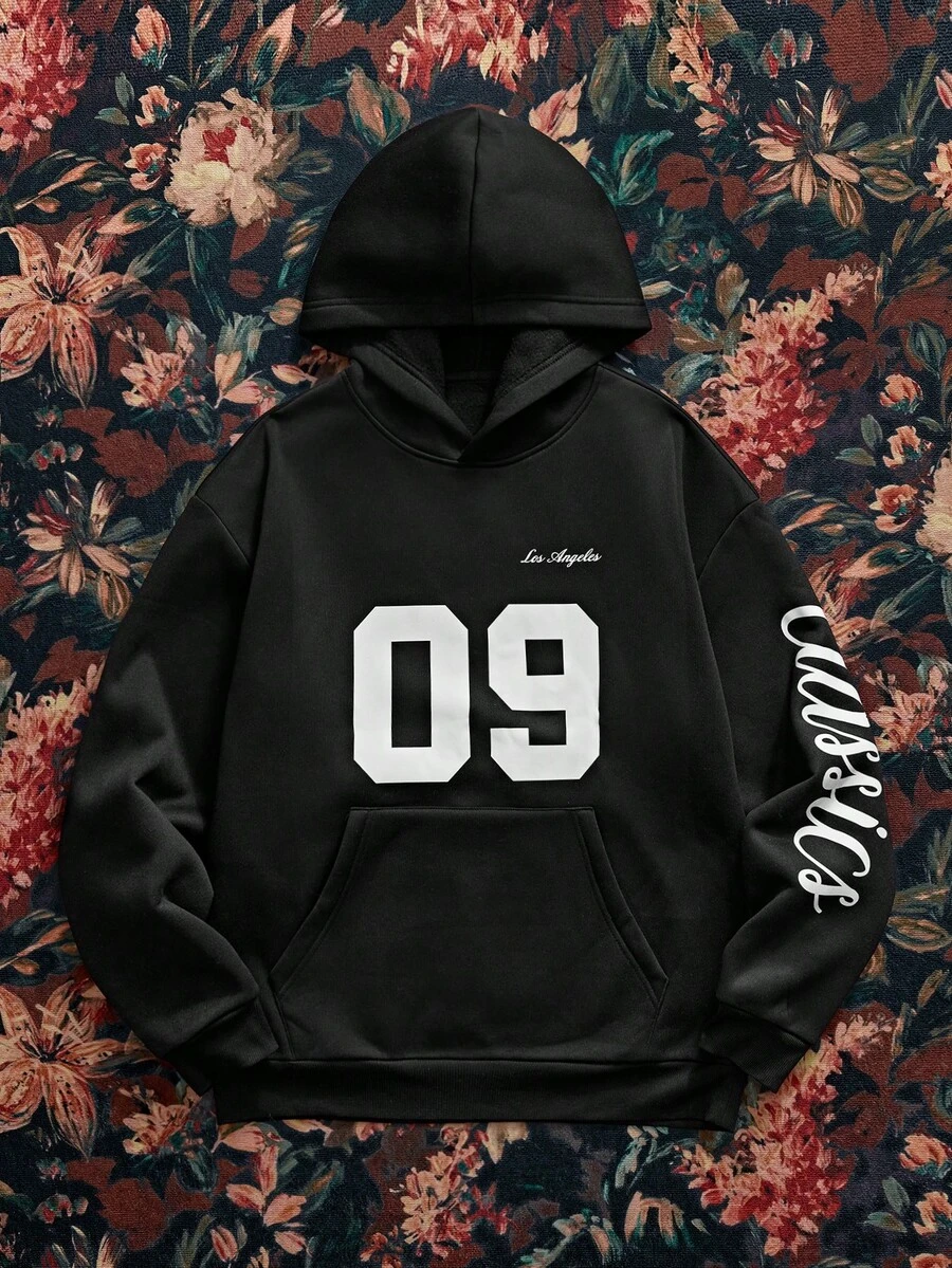 SWAVVY Men's Fashionable Letter Print Hoodie, Autumn/Winter - Black - View 1