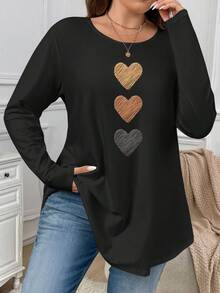 Firerie Ombre Heart Texture Print Casual Minimalist Round Neck Plus Size T-Shirt, Autumn/Winter - Multicolor - View 5