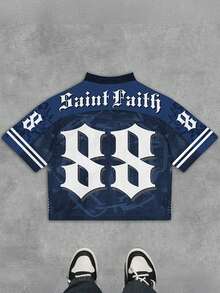 Manfinity Dauomo Camiseta de manga corta con cuello en V con estampado de rayas de contraste y ángeles para hombres - Azul - Ver 2