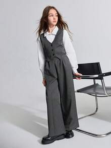 Ontre Tween Girl Striped Vest, Collared Long Sleeve Shirt, And Striped Pants Set Fall Winter - Grey - View 5