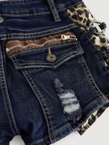 ROMWE J-Fashion Quần short denim nữ Kpop Gyaru Harajuku Midriff họa tiết da báo cổ điển cạp thấp bó sát cạp siêu thấp - Rửa tối - Xem 5