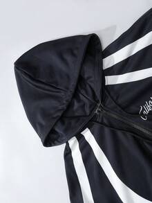 ROMWE MEN Casual Conjunto de sudadera con capucha y pantalón de chándal con parches de colores contrastantes para hombre - Negro - Ver 5
