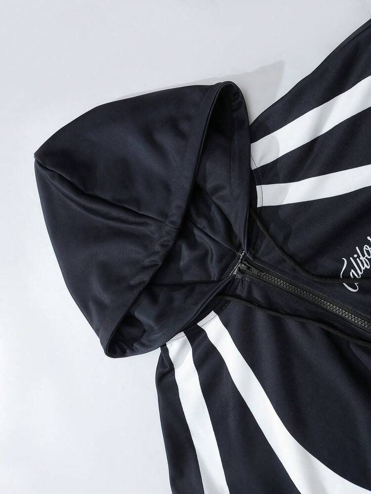 ROMWE MEN Casual Men's Contrast Color Patchwork Hoodie And Sweatpants Set - Black - View 5