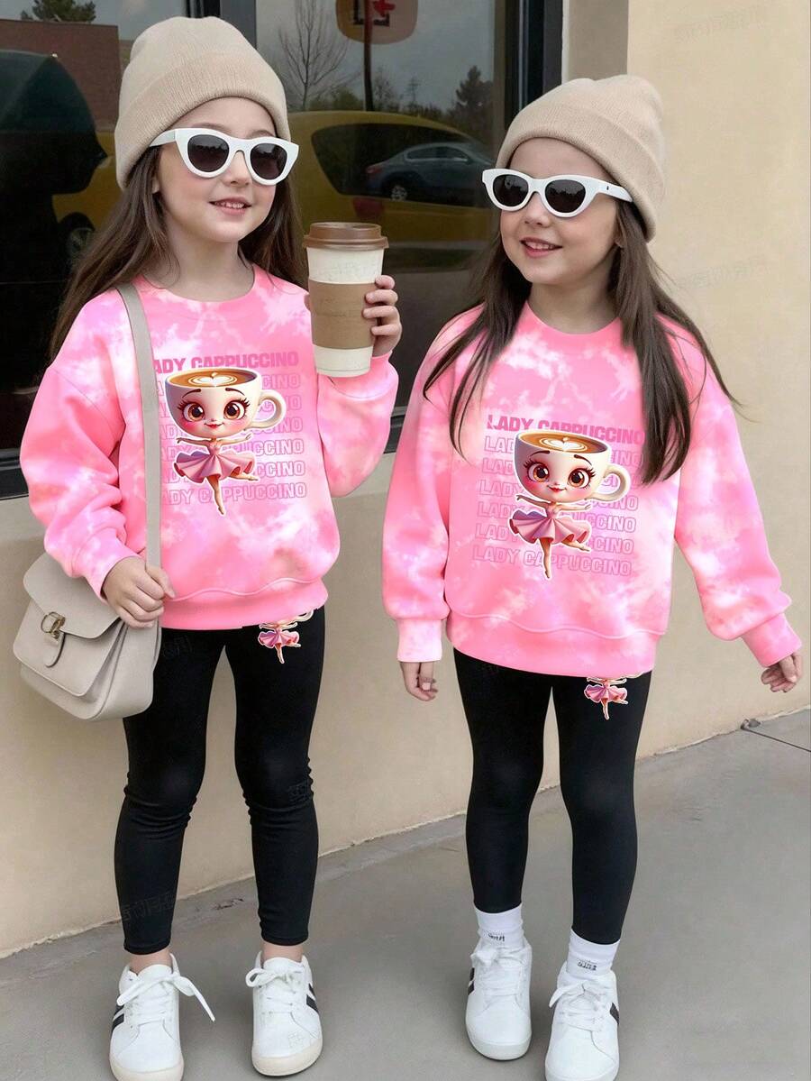 秋冬季少女休闲时尚创意个性化清新可爱卡哇伊杯芭蕾少女图案印花宽松圆领卫衣和打底裤套装，舒适温暖的秋冬款式 - 彩色 - 查看 1