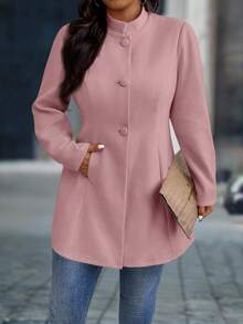 SHEIN PETITE CURVE Plus Size Women Elegant Stand Collar Overcoat With Pockets