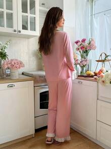 Snug Reverie 1 Set Women's Boat Neck Bell Sleeve Cute Pajamas Sleep Wear Women 2 Pieces Set Two Piece Sleepwear Set Comfy Pajamas Set Lounge Wear Women Set Long Sleeve Lounge Set, Fall & Winter Clothes Sleep Wear Women 2 Piece Set - Pink - View 3
