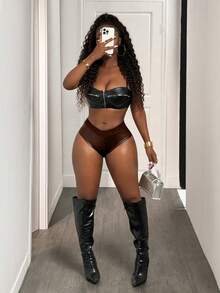 BamGleam BamGlam Casual Slim Fit Sexy PU Leather Women Shorts - Brown - View 3