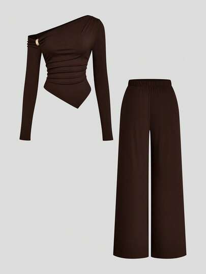Sweetra Conjunto de pantalones anchos de pierna ancha con cintura ceñida, manga larga, hebilla metálica decorativa y bajo asimétrico, color marrón, talla grande y estilizante