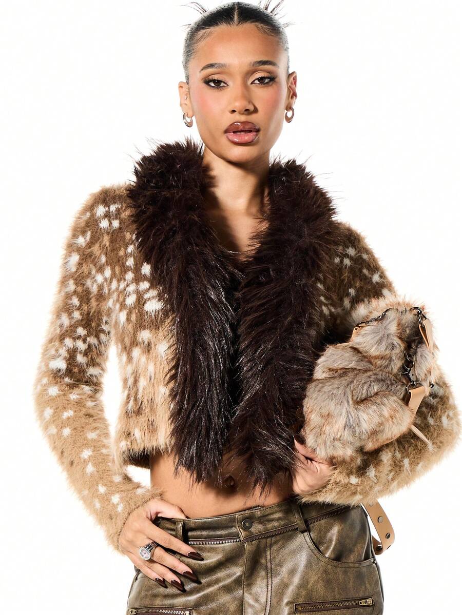 SUMWON WOMEN 动物纹短款针织开衫，配人造毛领，冬季外套 - 棕色 - 查看 1