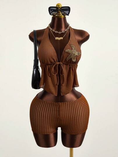 Zestiva Summer Sexy Women's Special Fabric Backless Deep V Front Tie Camisole & Bikini Set