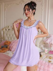 Váy Babydoll ren viền bèo nhún ngọt ngào và gợi cảm dành cho nữ PetitDoll có nơ và họa tiết hoa - Màu tím - Xem 3