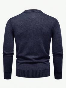 Manfinity Mode 男士休闲撞色圆领针织衫，秋冬季四分之一拉链毛衣，男士藏蓝色毛衣，长袖上衣 - 藏蓝色 - 查看 2