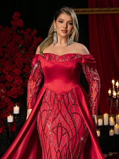 Glamrae Plus Size Red Elegant Sequin Patchwork Satin Luxurious Formal Evening Dress