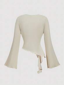 SHEIN MOD Áo thun nữ cổ bẻ tay chuông xếp nếp màu trơn thanh lịch, sang trọng, thời trang xuân/thu - Màu be - Xem 2