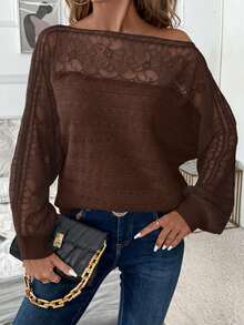 SHEIN Clasi 女士蕾丝边拼布套头衫 - 棕色 - 查看 1
