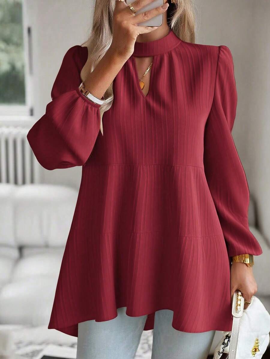 SHEIN Clasi Keyhole Neckline Lantern Sleeve Ruffle Hem Blouse Peplum Top Fall Cloth For Women - Burgundy - View 1