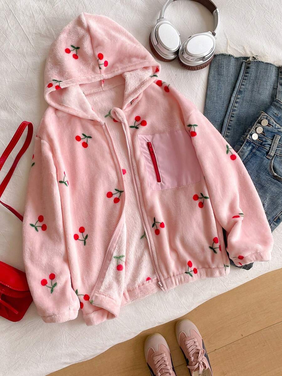 女童卡其色拼接格纹双口袋宽松休闲连帽外套，秋冬季 - 粉色 - 查看 1