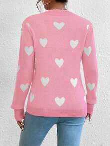 EMERY ROSE Heart Jacquard Crew Neck Casual Long Sleeve Women Sweater, Autumn/Winter - Pink - View 2
