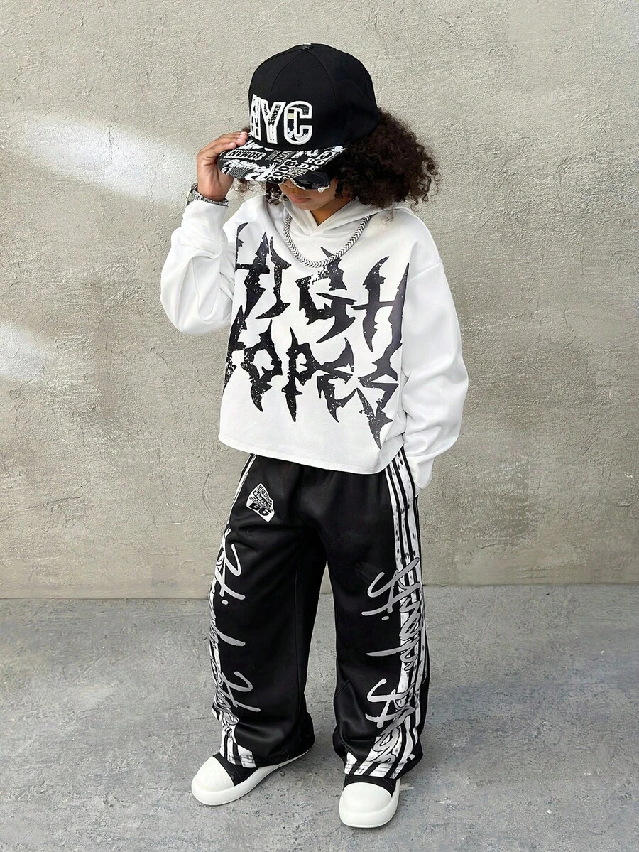 Coolane Kids Bộ áo hoodie, áo nỉ in họa tiết tối màu phong cách đường phố thu/đông cho bé trai tuổi teen và quần ống rộng - Đen và trắng - Xem 1