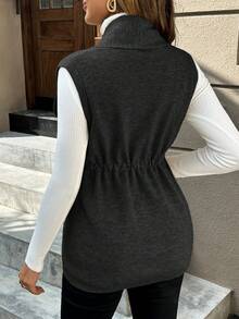 SHEIN Pregnant Women's Solid Color Shawl Collar Drawstring Waist Casual Knitted Vest, Autumn/Winter - Dark Grey - View 2