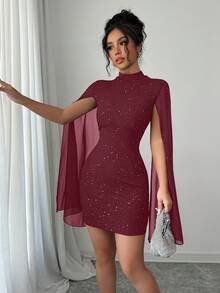 SHEIN Clasi 女款簡約修身短款休閒小立領喇叭袖緊身洋裝，適合新年穿著 - 紅木色 - 查看 6