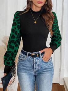 SHEIN LUNE Áo cánh cổ cao dệt kim tay bồng màu tương phản họa tiết da báo retro, thanh lịch, thường ngày khi đi làm, dành cho nữ, mùa thu/đông - màu xanh lá - Xem 1
