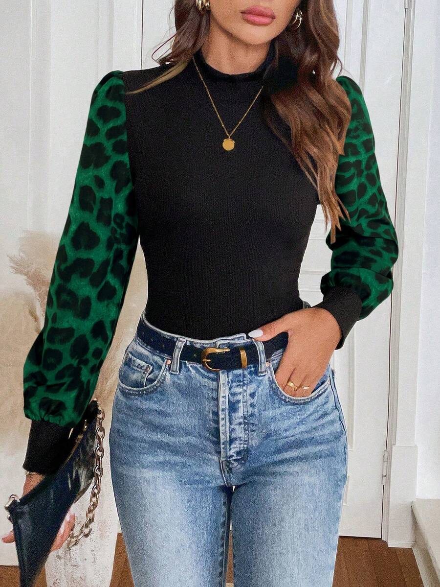 SHEIN LUNE Áo cánh cổ cao dệt kim tay bồng màu tương phản họa tiết da báo retro, thanh lịch, thường ngày khi đi làm, dành cho nữ, mùa thu/đông - màu xanh lá - Xem 1