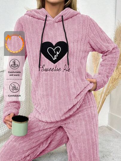 SHEIN PETITE PETITE SIZE Women's Letter & Heart Embroidery Drawstring Hooded Fleece Sleepwear Top