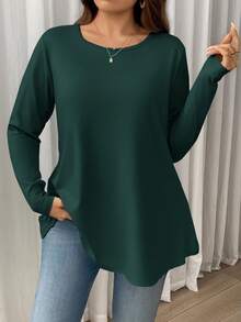 Firerie 加大码优雅休闲度假宽松长袖圆领纯色基本款分层伞形下摆 T 恤 - 墨綠色 - 查看 7