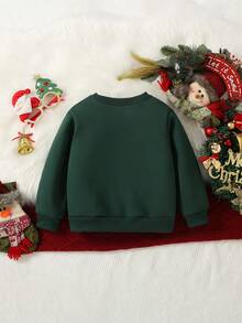 SHEIN 女孩圣诞节：时尚可爱的驯鹿格子蝴蝶结印花圆领卫衣，舒适保暖的秋冬上衣，适合圣诞派对 - 綠色 - 查看 2